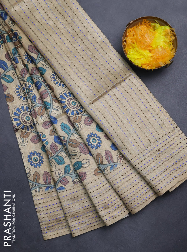 Semi tussar saree beige and brown with allover kalamkari prints and katha stitch work pallu & border