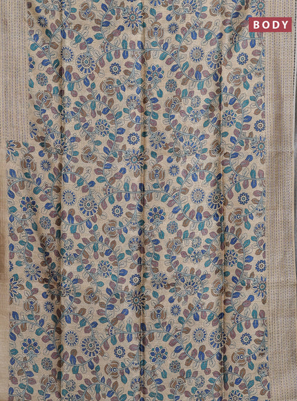 Semi tussar saree beige and brown with allover kalamkari prints and katha stitch work pallu & border