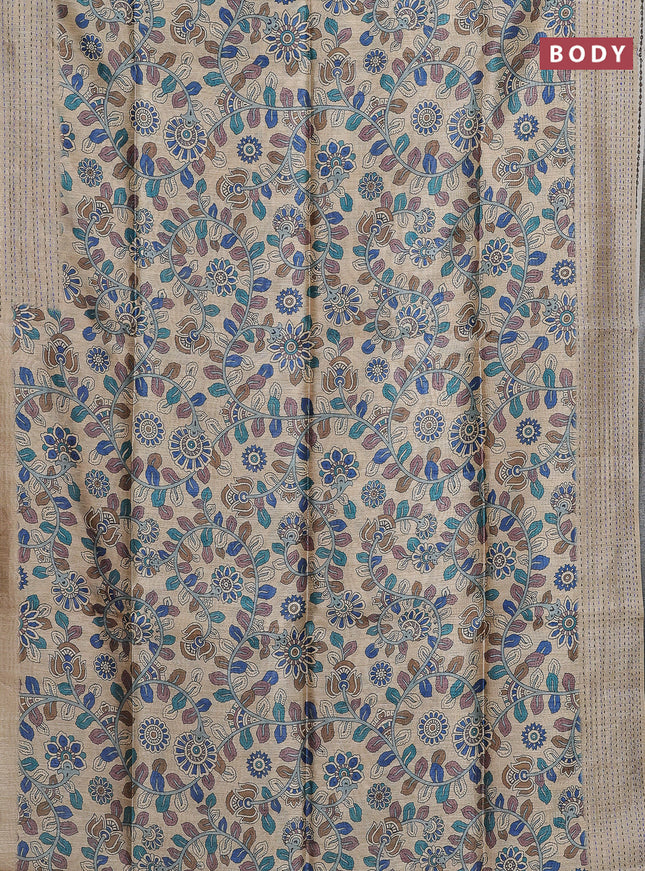 Semi tussar saree beige and brown with allover kalamkari prints and katha stitch work pallu & border