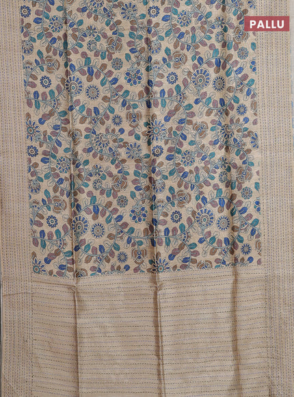 Semi tussar saree beige and brown with allover kalamkari prints and katha stitch work pallu & border
