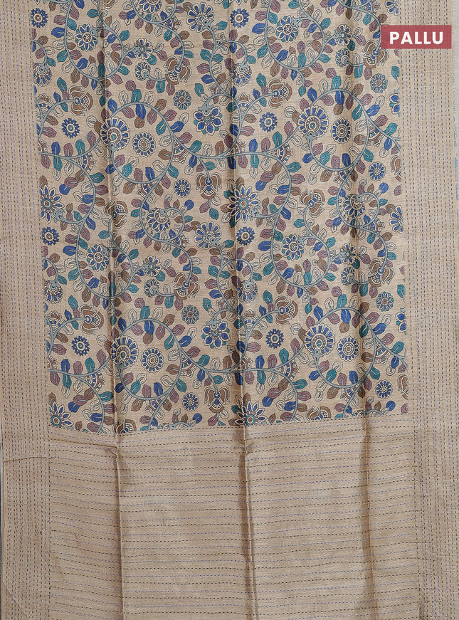 Semi tussar saree beige and brown with allover kalamkari prints and katha stitch work pallu & border