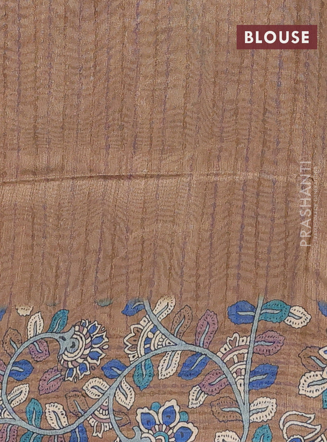 Semi tussar saree beige and brown with allover kalamkari prints and katha stitch work pallu & border