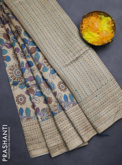 Semi tussar saree beige and cs blue with allover kalamkari prints and katha stitch work pallu & border