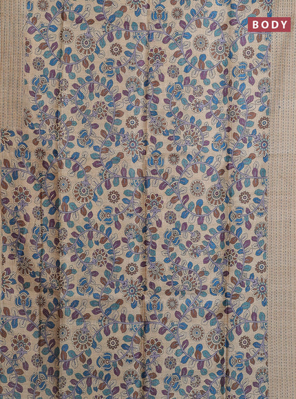 Semi tussar saree beige and cs blue with allover kalamkari prints and katha stitch work pallu & border