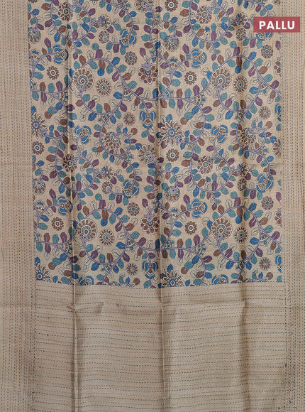 Semi tussar saree beige and cs blue with allover kalamkari prints and katha stitch work pallu & border