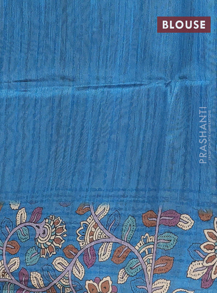 Semi tussar saree beige and cs blue with allover kalamkari prints and katha stitch work pallu & border