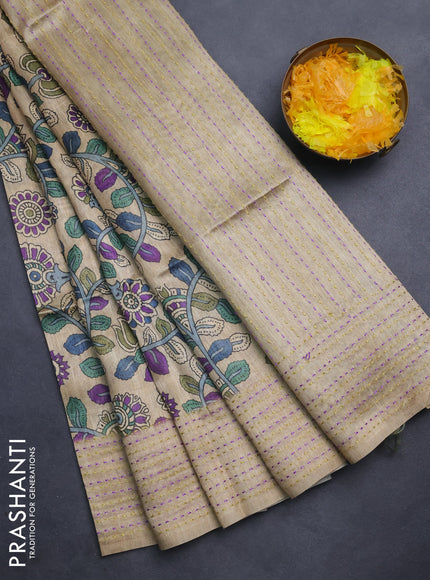 Semi tussar saree beige and light green with allover kalamkari prints and katha stitch work pallu & border