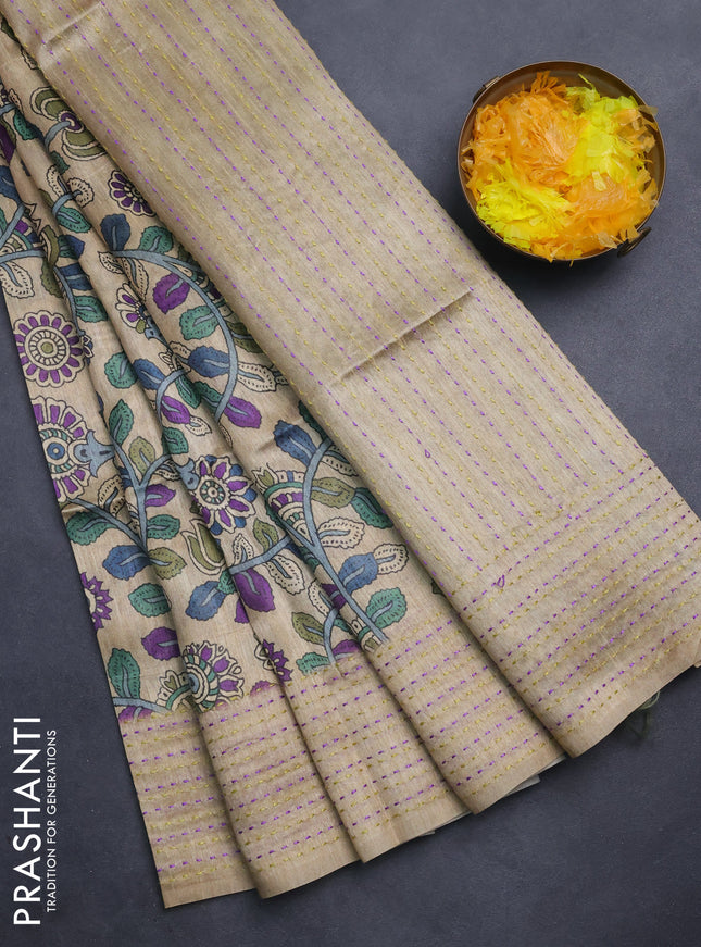 Semi tussar saree beige and light green with allover kalamkari prints and katha stitch work pallu & border