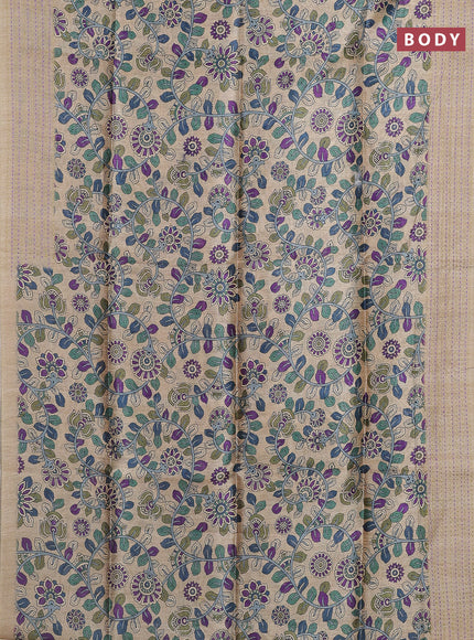 Semi tussar saree beige and light green with allover kalamkari prints and katha stitch work pallu & border