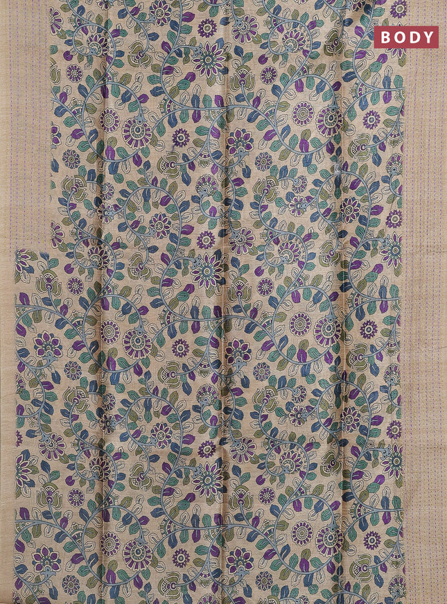 Semi tussar saree beige and light green with allover kalamkari prints and katha stitch work pallu & border