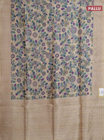 Semi tussar saree beige and light green with allover kalamkari prints and katha stitch work pallu & border