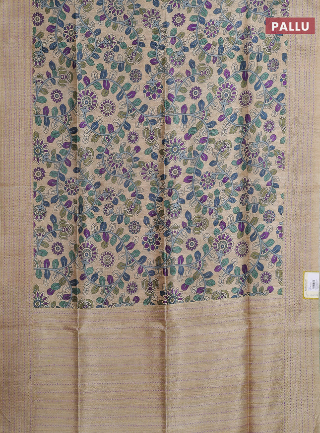 Semi tussar saree beige and light green with allover kalamkari prints and katha stitch work pallu & border