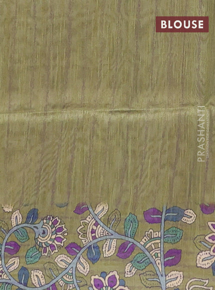 Semi tussar saree beige and light green with allover kalamkari prints and katha stitch work pallu & border