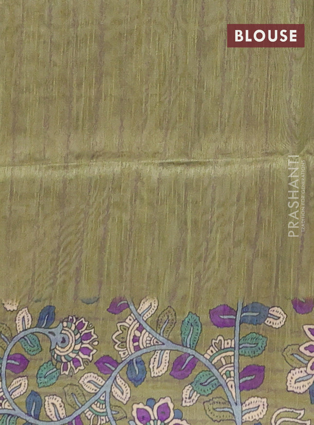 Semi tussar saree beige and light green with allover kalamkari prints and katha stitch work pallu & border