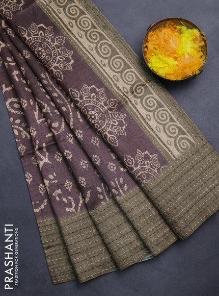 Semi tussar saree brown and sap green with allover batik prints and katha stitch work pallu & border
