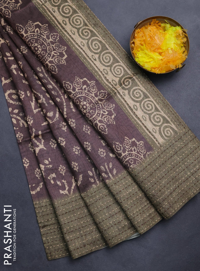 Semi tussar saree brown and sap green with allover batik prints and katha stitch work pallu & border