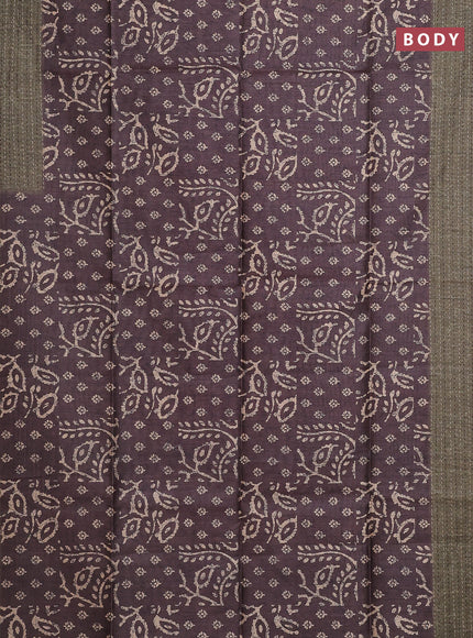 Semi tussar saree brown and sap green with allover batik prints and katha stitch work pallu & border