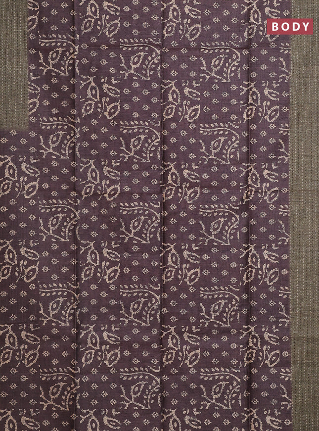 Semi tussar saree brown and sap green with allover batik prints and katha stitch work pallu & border