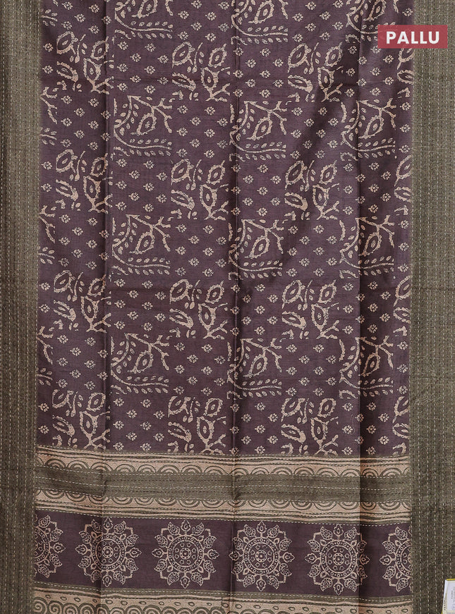 Semi tussar saree brown and sap green with allover batik prints and katha stitch work pallu & border