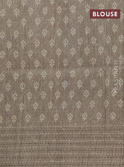 Semi tussar saree brown and sap green with allover batik prints and katha stitch work pallu & border