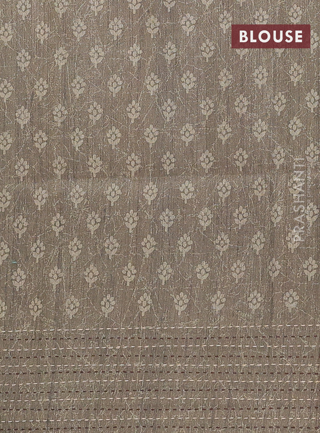 Semi tussar saree brown and sap green with allover batik prints and katha stitch work pallu & border