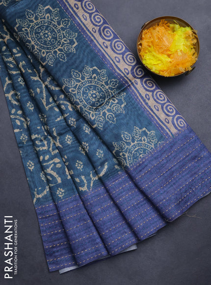 Semi tussar saree peacock blue and blue with allover batik prints and katha stitch work pallu & border