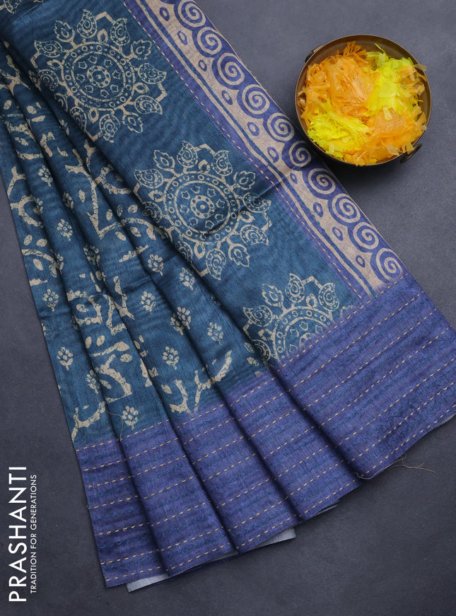 Semi tussar saree peacock blue and blue with allover batik prints and katha stitch work pallu & border