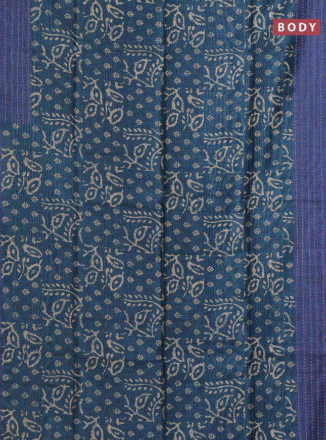 Semi tussar saree peacock blue and blue with allover batik prints and katha stitch work pallu & border