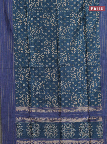Semi tussar saree peacock blue and blue with allover batik prints and katha stitch work pallu & border