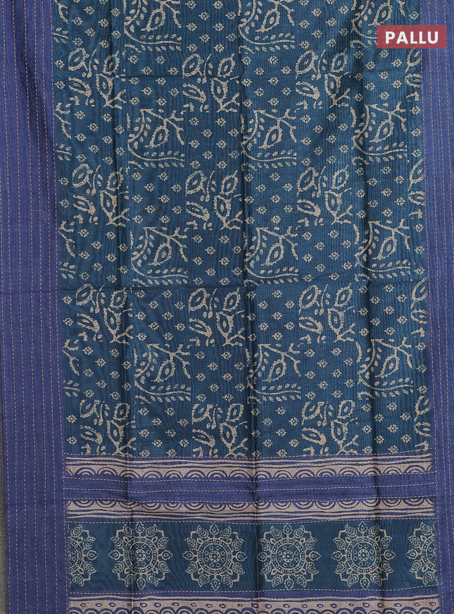 Semi tussar saree peacock blue and blue with allover batik prints and katha stitch work pallu & border
