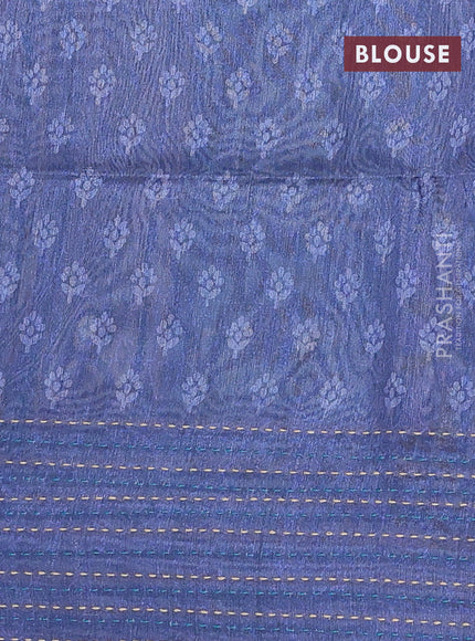 Semi tussar saree peacock blue and blue with allover batik prints and katha stitch work pallu & border