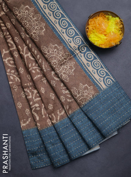 Semi tussar saree dark mustard and peacock blue with allover batik prints and katha stitch work pallu & border