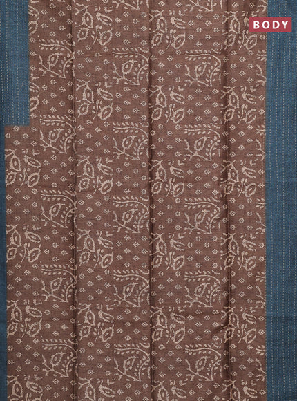 Semi tussar saree dark mustard and peacock blue with allover batik prints and katha stitch work pallu & border