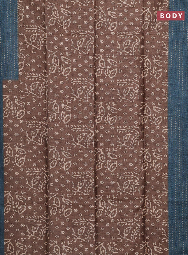 Semi tussar saree dark mustard and peacock blue with allover batik prints and katha stitch work pallu & border