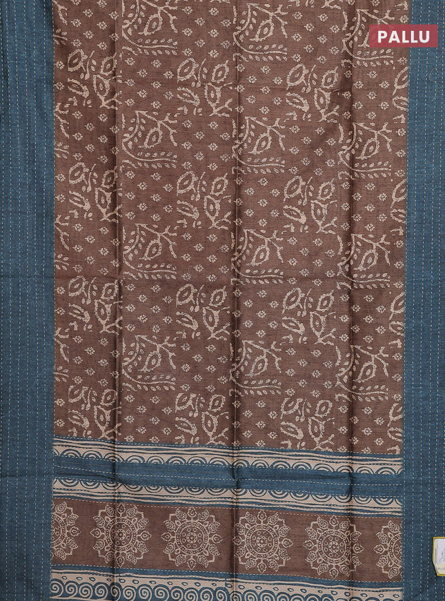 Semi tussar saree dark mustard and peacock blue with allover batik prints and katha stitch work pallu & border