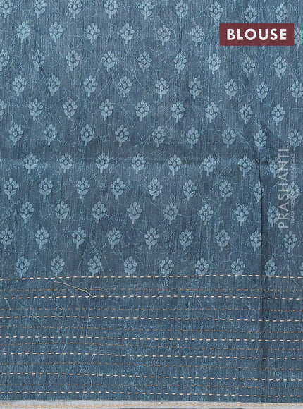 Semi tussar saree dark mustard and peacock blue with allover batik prints and katha stitch work pallu & border