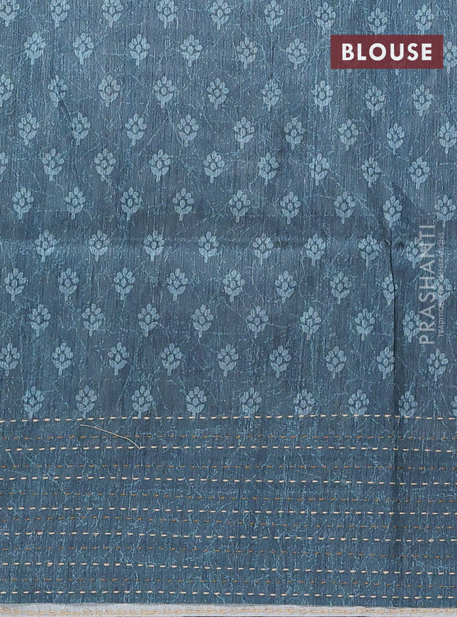 Semi tussar saree dark mustard and peacock blue with allover batik prints and katha stitch work pallu & border