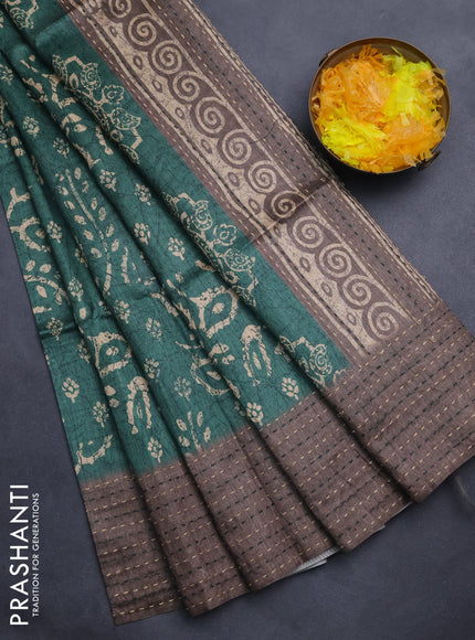 Semi tussar saree green and grey with allover batik prints and katha stitch work pallu & border