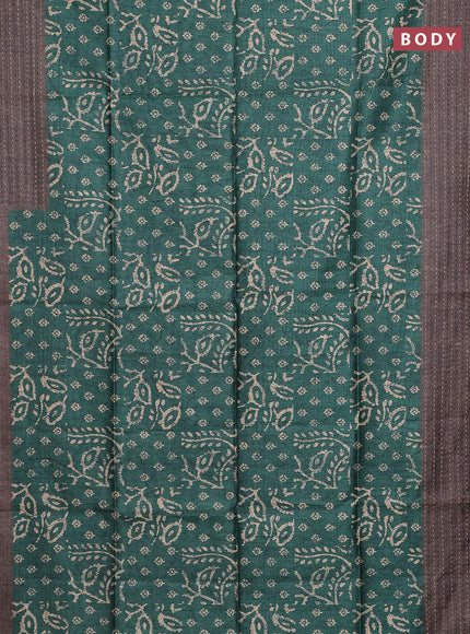 Semi tussar saree green and grey with allover batik prints and katha stitch work pallu & border