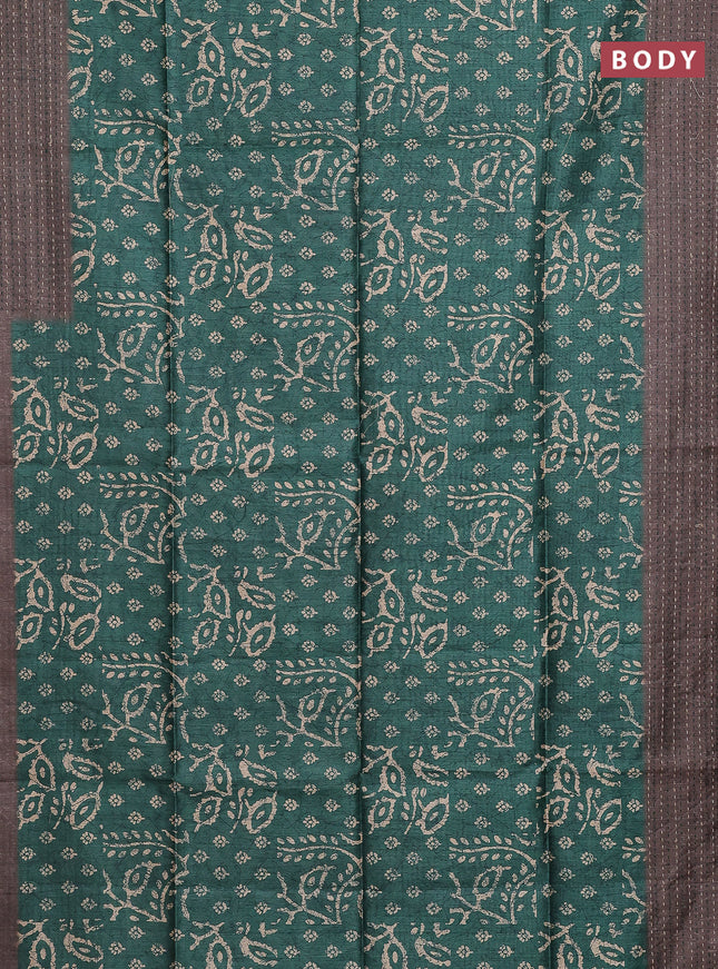 Semi tussar saree green and grey with allover batik prints and katha stitch work pallu & border