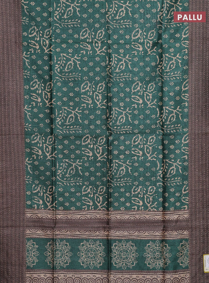 Semi tussar saree green and grey with allover batik prints and katha stitch work pallu & border