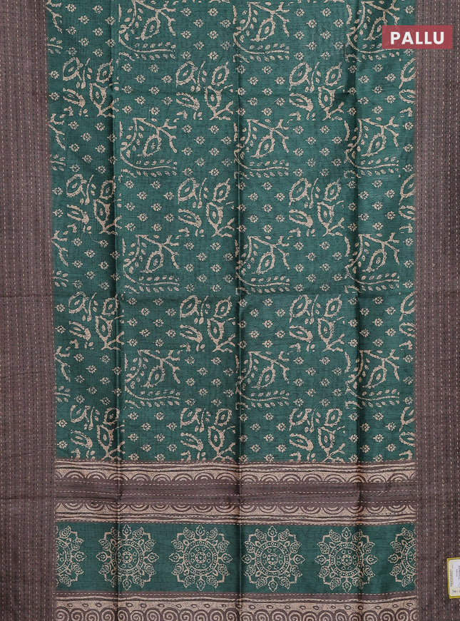 Semi tussar saree green and grey with allover batik prints and katha stitch work pallu & border