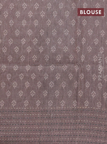 Semi tussar saree green and grey with allover batik prints and katha stitch work pallu & border