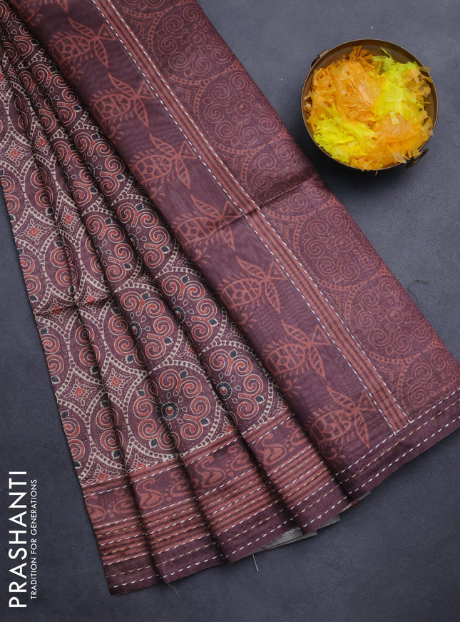 Semi tussar saree coffee brown with allover ajrakh prints and katha stitch work pallu & border