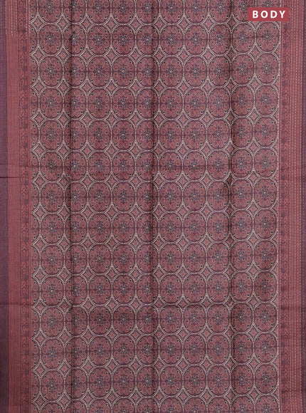 Semi tussar saree coffee brown with allover ajrakh prints and katha stitch work pallu & border