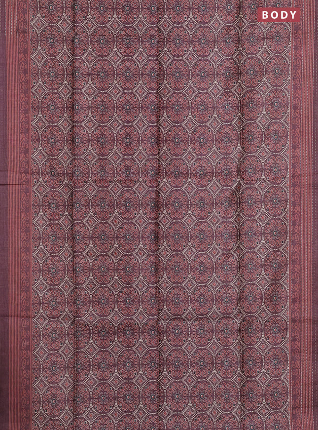 Semi tussar saree coffee brown with allover ajrakh prints and katha stitch work pallu & border