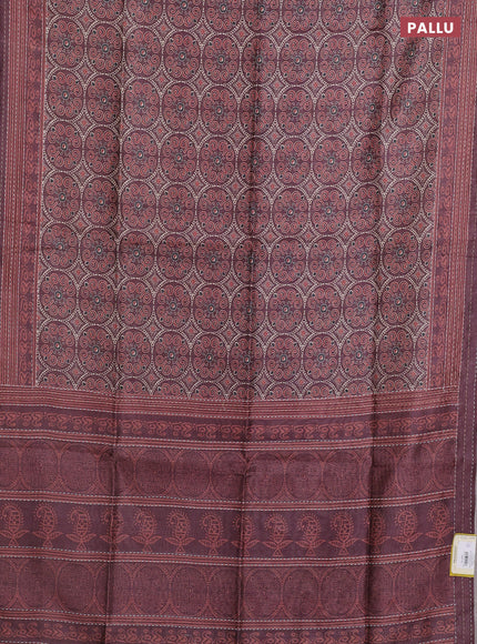 Semi tussar saree coffee brown with allover ajrakh prints and katha stitch work pallu & border