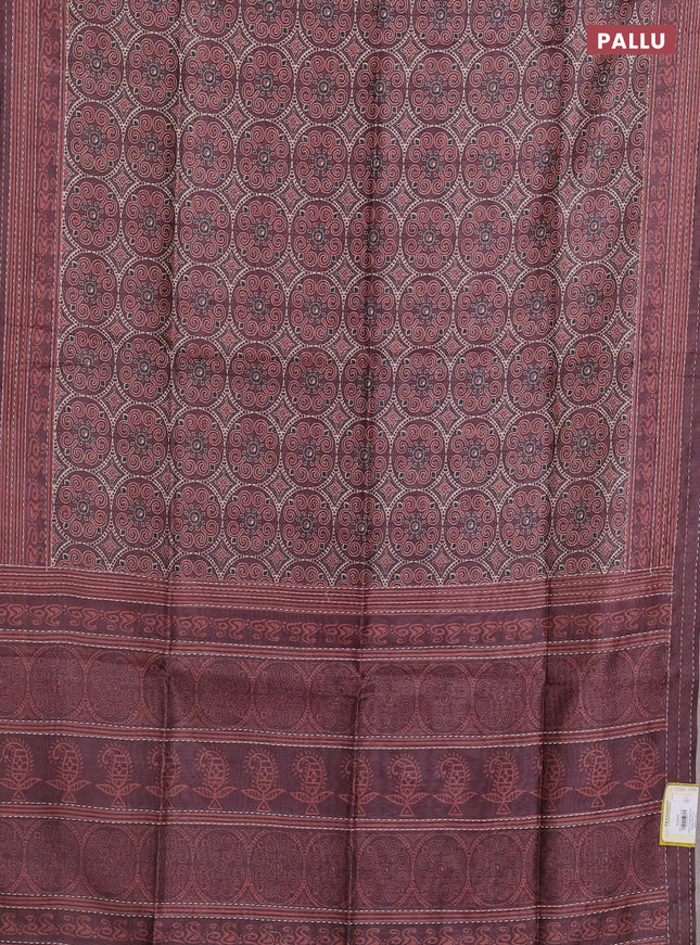 Semi tussar saree coffee brown with allover ajrakh prints and katha stitch work pallu & border