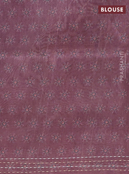 Semi tussar saree coffee brown with allover ajrakh prints and katha stitch work pallu & border