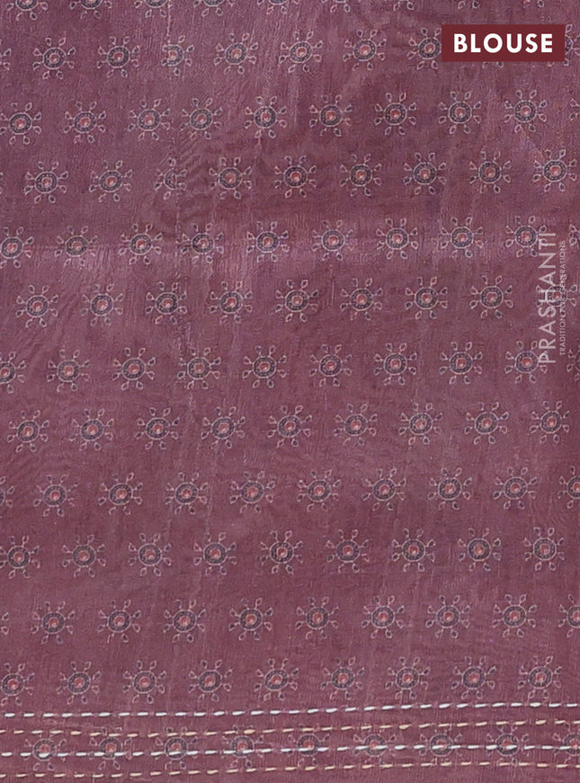 Semi tussar saree coffee brown with allover ajrakh prints and katha stitch work pallu & border